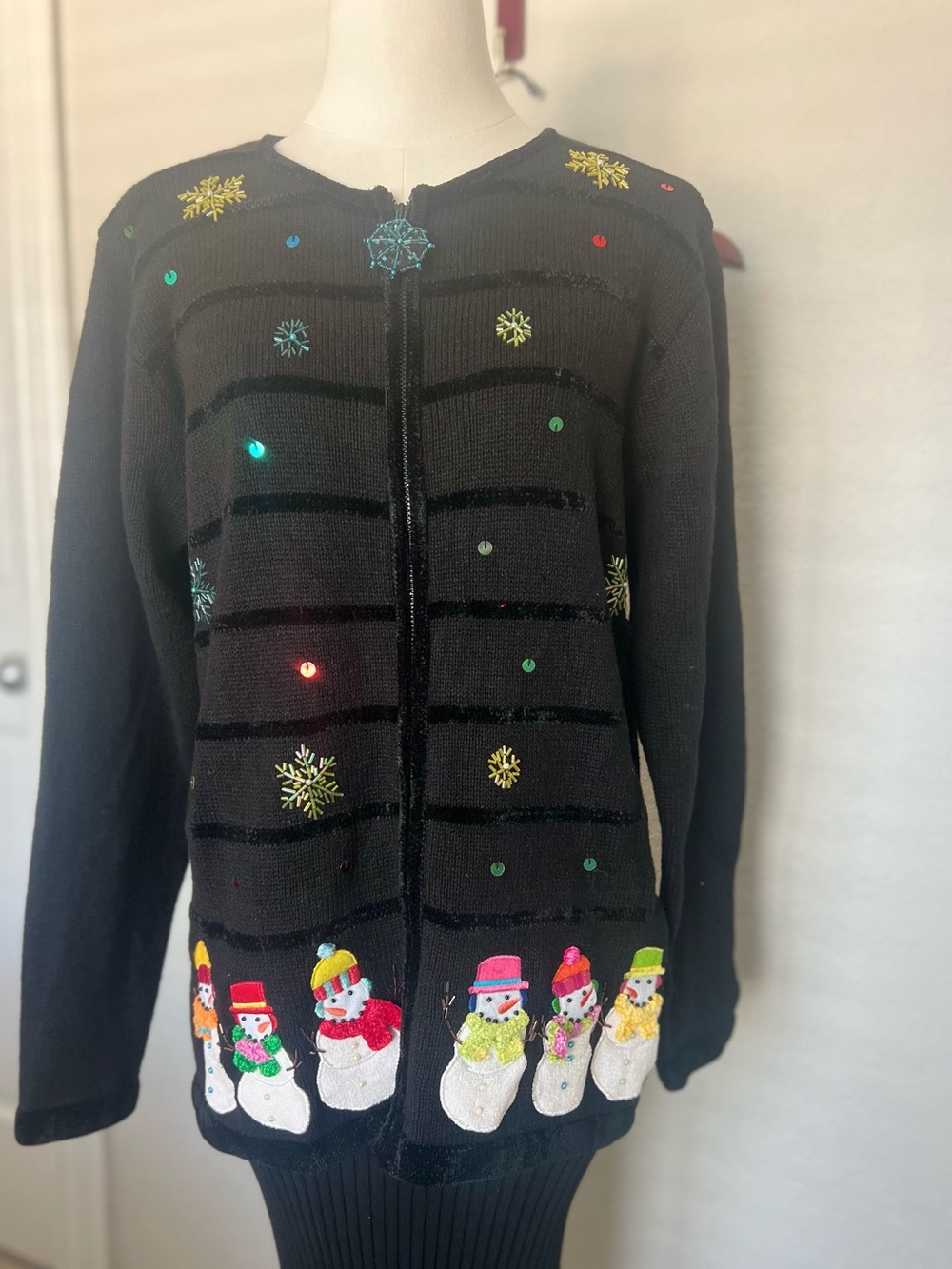 Quacker Factory Women’s M Black Full Zip Snowman Christmas Knit Cardigan Sweater